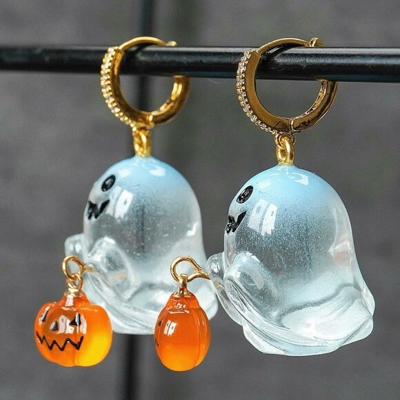 Ghost Pumpkin Earrings With Zirconia Circle Halloween trick or treat - Picture 2 of 13